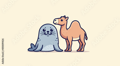 A cartoon seal and camel stand next to each other on a cream background, smiling