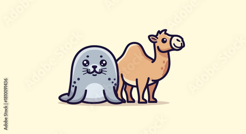 A cartoon seal and camel stand close, sharing space on a soft, light-yellow background
