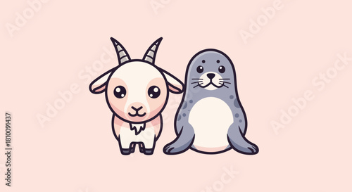 A friendly goat and seal share a pink background. Both have large eyes and are smiling