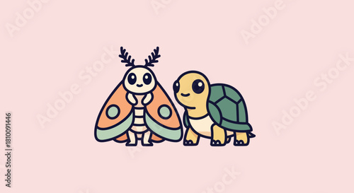 A charming illustration of a smiling moth and turtle on a soft pink background