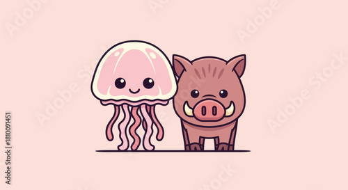 Cute cartoon jellyfish and boar standing side-by-side on a pink background
