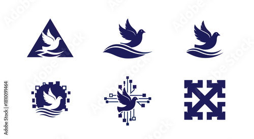 Six navy blue dove logos with different backgrounds and design styles on a white backdrop