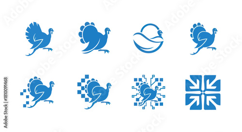 Eight blue turkey or fowl designs with variations on white background
