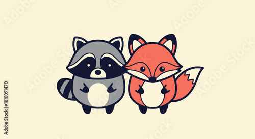 Cartoon raccoon and fox duo, hugging, on a cream background, featuring stylized illustrations