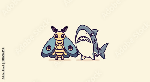 A cartoon moth and a cartoon shark stand side-by-side with neutral expressions