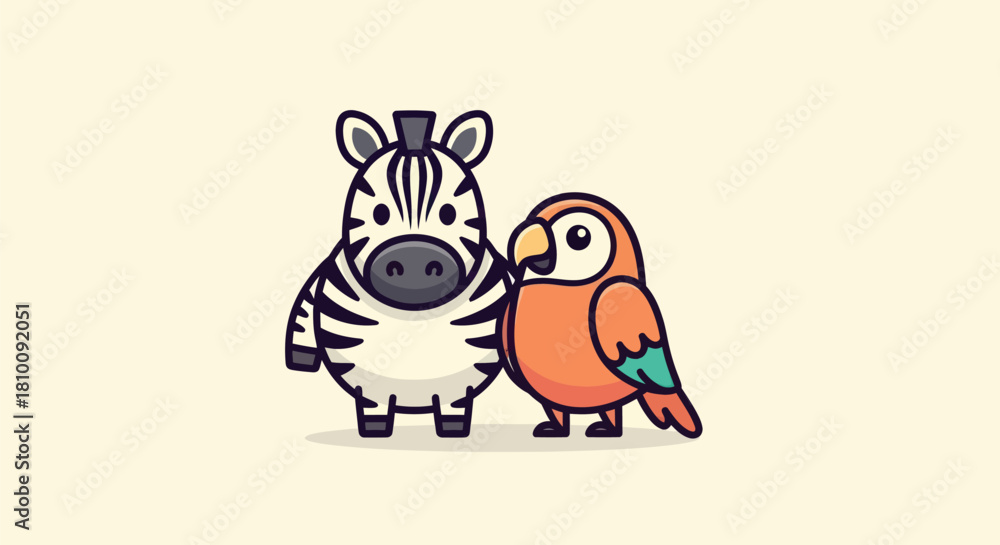 Obraz premium Cartoon zebra and parrot characters stand side-by-side on a cream background