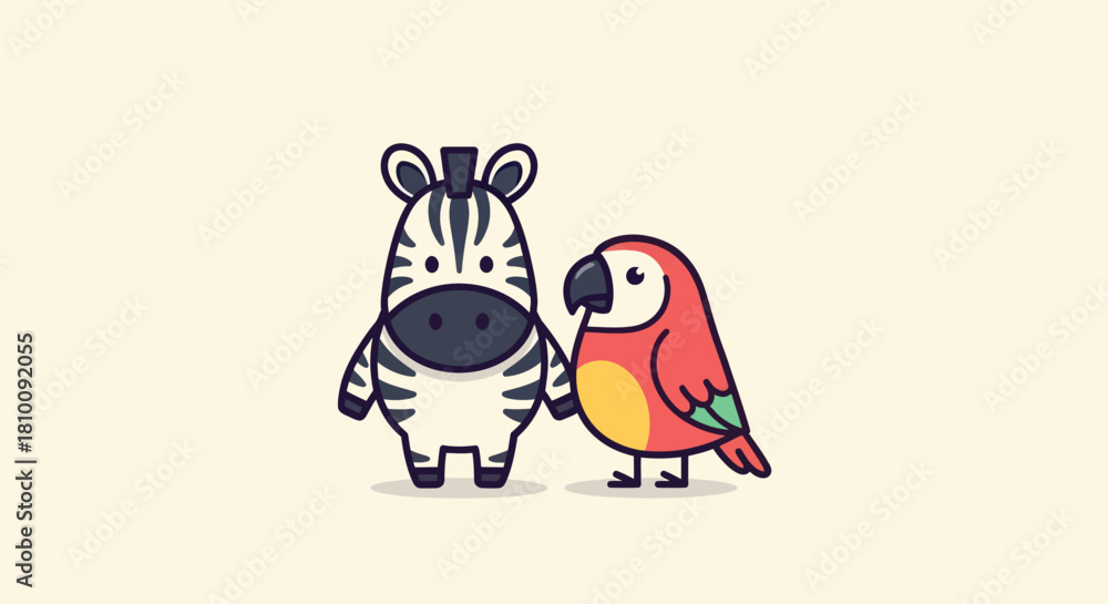Fototapeta premium Cartoon zebra and parrot standing side by side, holding hands, simple background