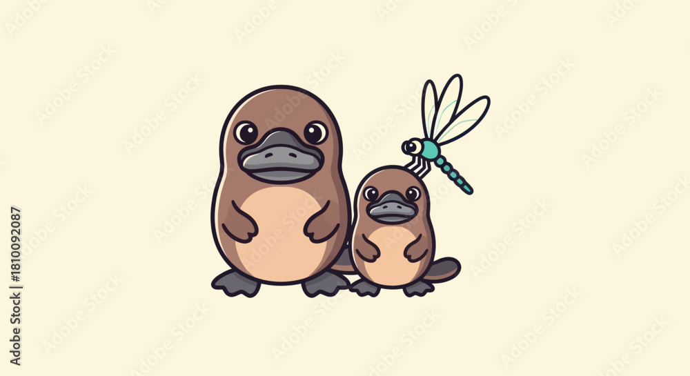 Obraz premium Cartoon image features two platypuses, a larger adult and smaller one with a dragonfly