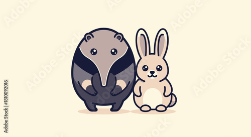 Cute cartoon depiction of a badger and a rabbit standing side by side