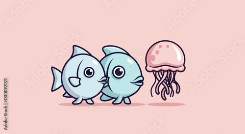 Cartoon illustration featuring two friendly fish and a pink jellyfish on a pink backdrop