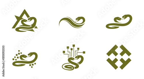 Six olive-green snake designs, some with abstract elements, displayed on a white background