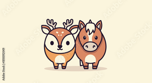 A cartoon deer and horse stand side-by-side on a light cream background