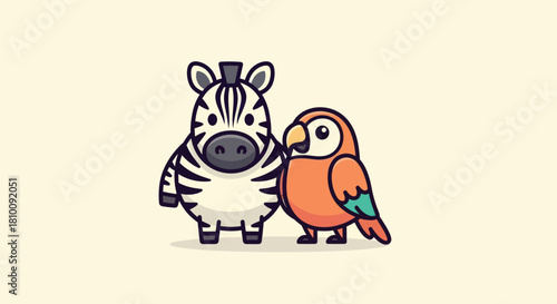 Cartoon zebra and parrot characters stand side-by-side on a cream background