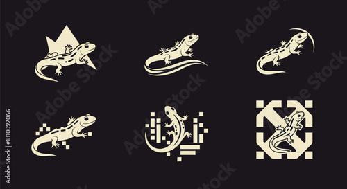Six stylized lizard illustrations with varying graphic elements, cream on black
