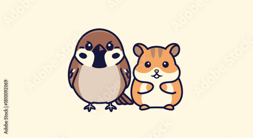 Cute cartoon image of a sparrow and hamster side by side. Simple style on a cream background