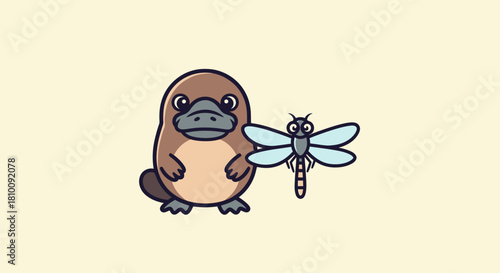 A cartoon platypus and dragonfly stand together on a cream backdrop