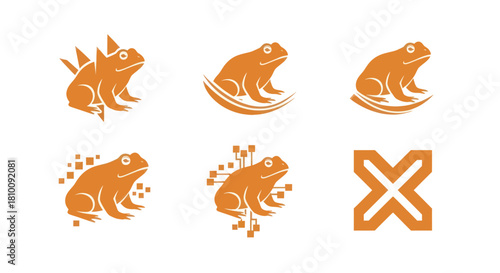 Six orange-toned frog logos with varying designs, including a digital X