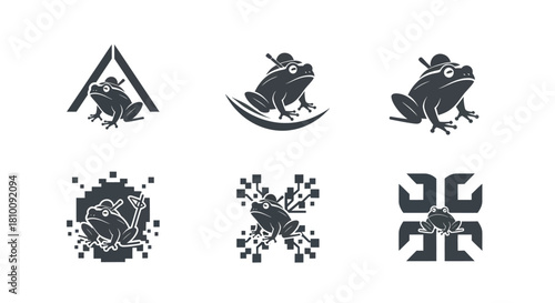 Six stylized frog illustrations wearing hats, in various minimalist graphic designs on white