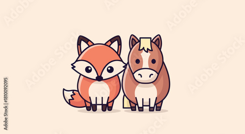A cute illustration of a fox and a horse, side-by-side, with big eyes and outlines
