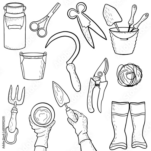 A black and white vector illustration set featuring hand-drawn gardening tools. Includes: pruners, scissors garden forks, buckets, gloves, hand holding gardening items. Perfect for colouring pages.