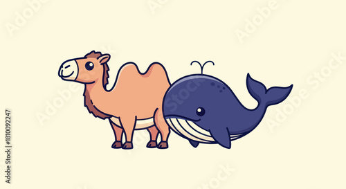 A cartoon camel and whale in profile, against a cream-colored backdrop