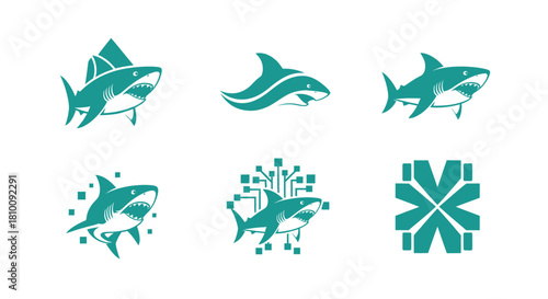 Collection of six stylized, teal shark designs. Some have digital circuit elements. Other abstract
