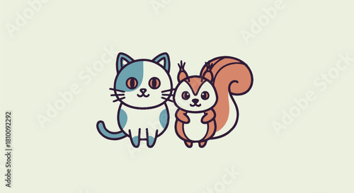 A cartoon cat and squirrel stand side-by-side on a light green background