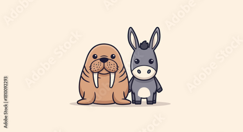 A friendly cartoon walrus and donkey stand side-by-side on a light beige backdrop