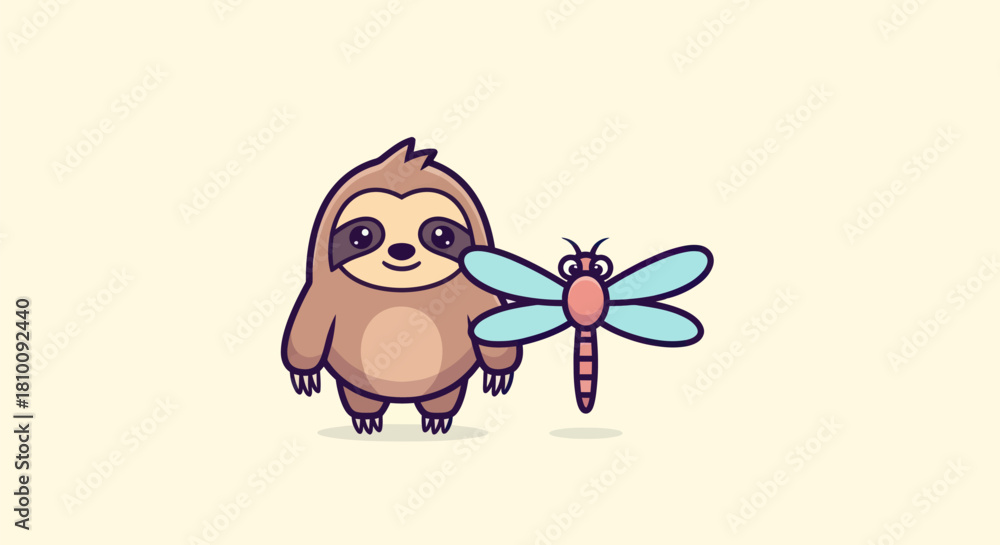 Obraz premium A cartoon sloth and dragonfly stand on a light background, friendly design