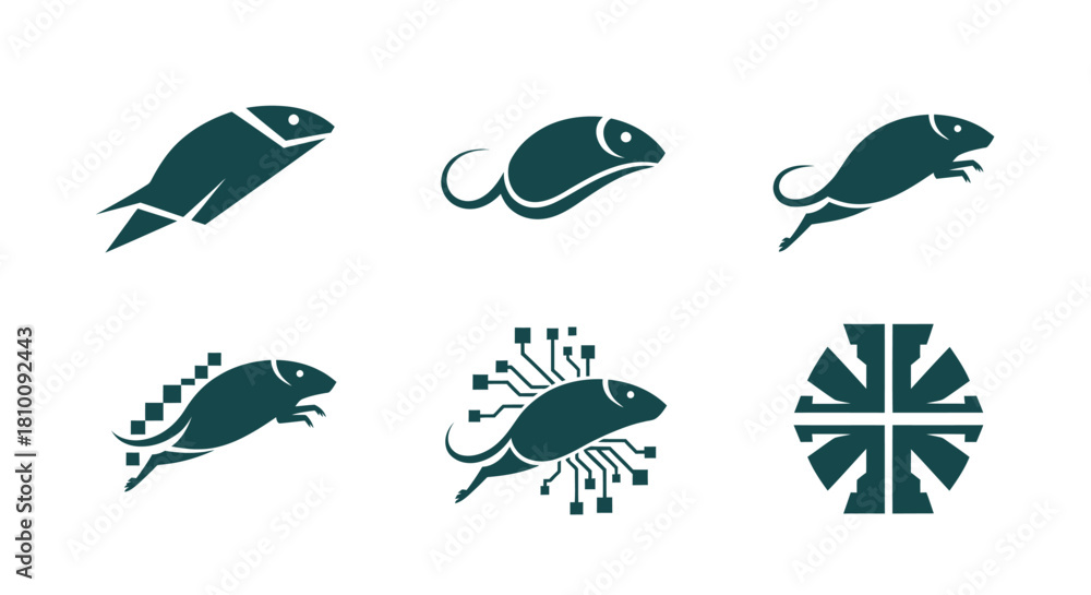 Obraz premium A sequence of abstract mouse and fish shapes in teal, some with tech or digital elements