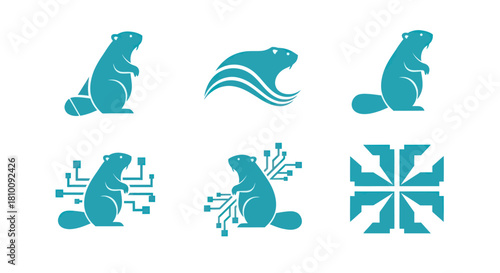 Six stylized teal logos of a beaver and a geometric pattern on a white background