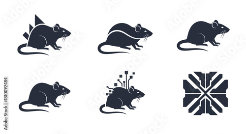 Six monochrome mouse/rat designs one with geometric shapes, plus circuit elements, and a design
