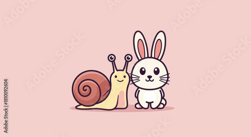 A snail and a bunny stand side by side on a pink background, both with smiling faces
