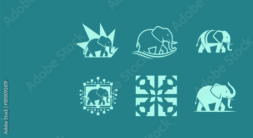 Six stylized elephant logos in teal on a matching background