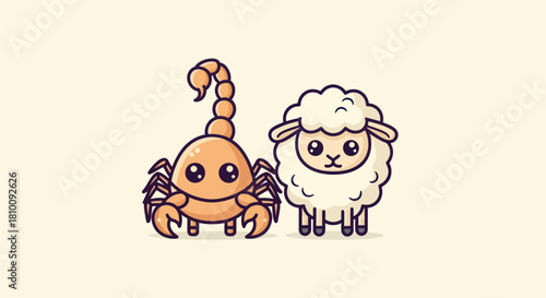 A cartoon scorpion and sheep stand side-by-side on a cream-colored background