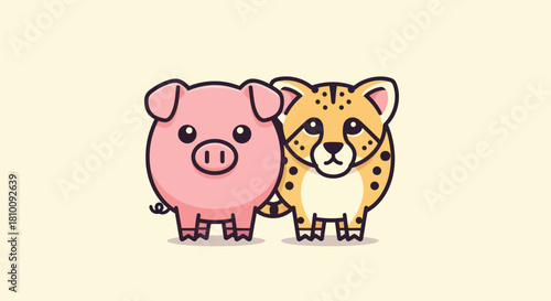 A cartoon pig stands with a cheetah against a cream background