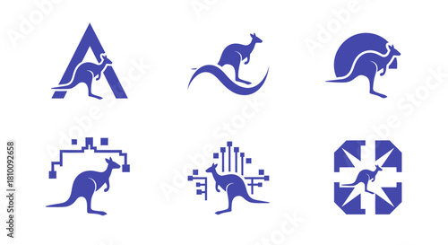 A collection of six blue silhouettes depicting kangaroos in various abstract and geometric designs