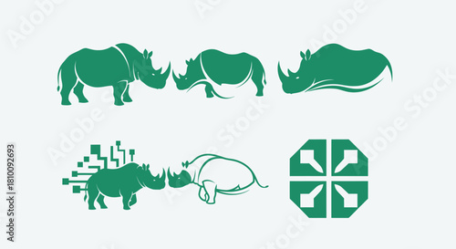 Six green rhinoceros silhouette designs and one geometric pattern on a white background