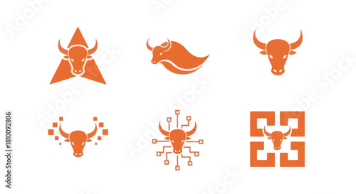 A collection of orange bull-themed icons, using varying geometric and technological designs