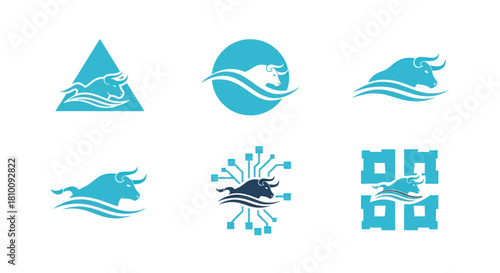 A collection of six blue and white bull logos in different shapes