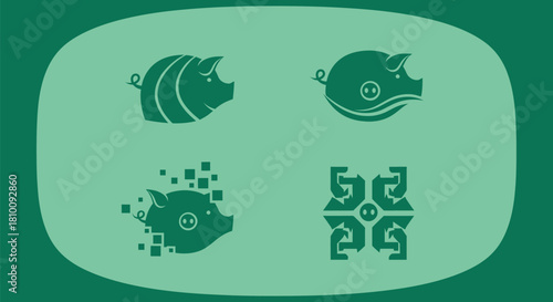 Four stylized pig illustrations in varying shapes and arrangements, set against a green backdrop
