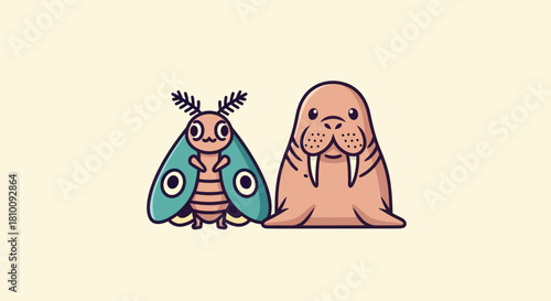 A cartoon moth and walrus stand side-by-side on a light cream background