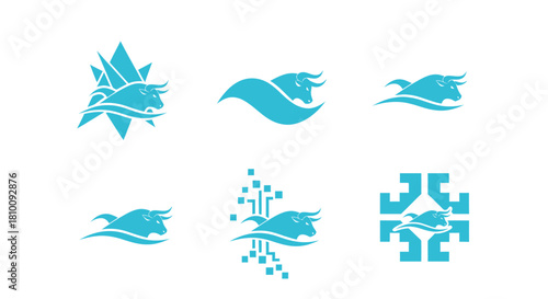 Six variations of a bull logo, in cyan, over waves or abstract shapes, on a white background