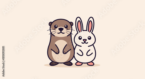 A friendly otter and rabbit, designed in a cute cartoon style, stand together