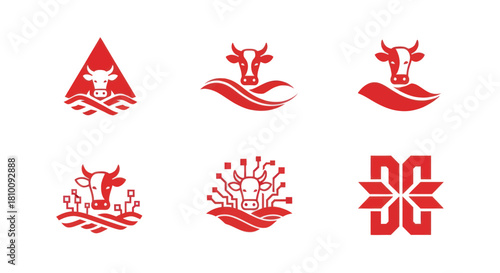 Six red cow-themed logos on white.  Some have stylized waves or computer elements.  One is a geometric design