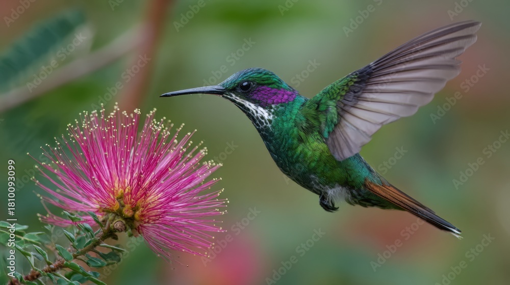 Fototapeta premium A beautiful hummingbird darts gracefully in a garden drawn to the striking pink bloom under warm sun.