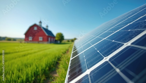 Solar panel array stands in field with red barn backdrop. Green grass under blue sky. Clean alternative electricity source powering rural homes promotes sustainability. Modern farming with renewable