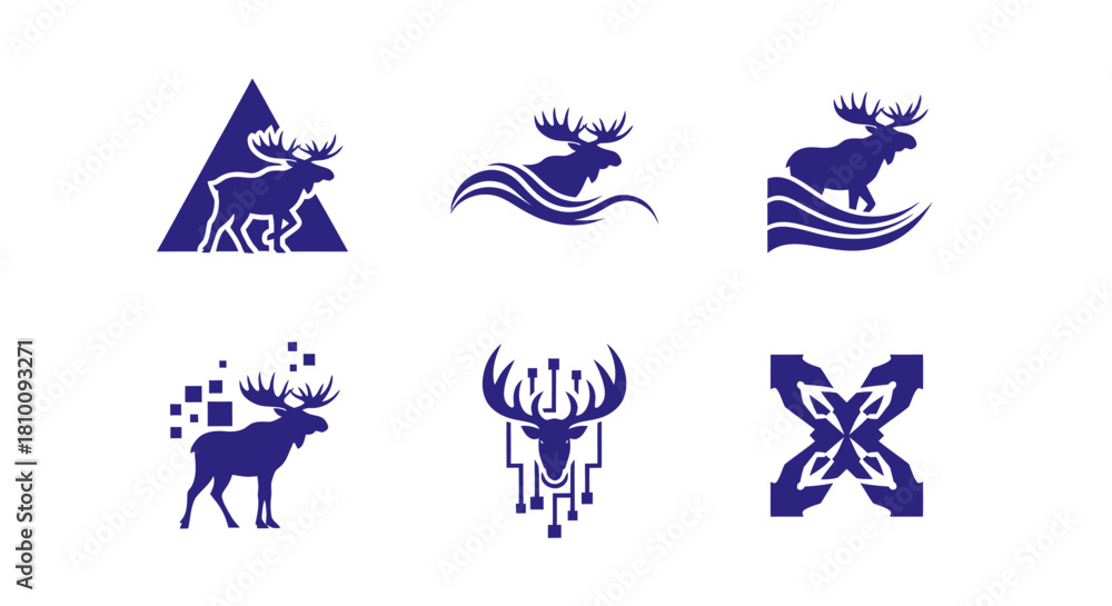 Fototapeta premium Six blue logos with stylized moose designs, varying in style and composition