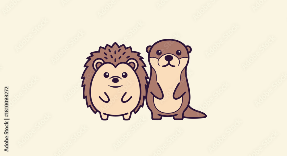 Naklejka premium Cartoon illustration featuring a hedgehog and an otter on a cream background