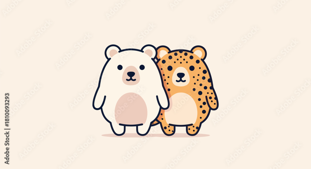 Fototapeta premium Cute illustration of two cartoon bear-like creatures standing side-by-side on a plain background